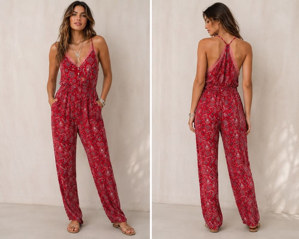 Hello Nite Red Bandana Print Lounge Jumpsuit Womens Small Stretch Western NEW